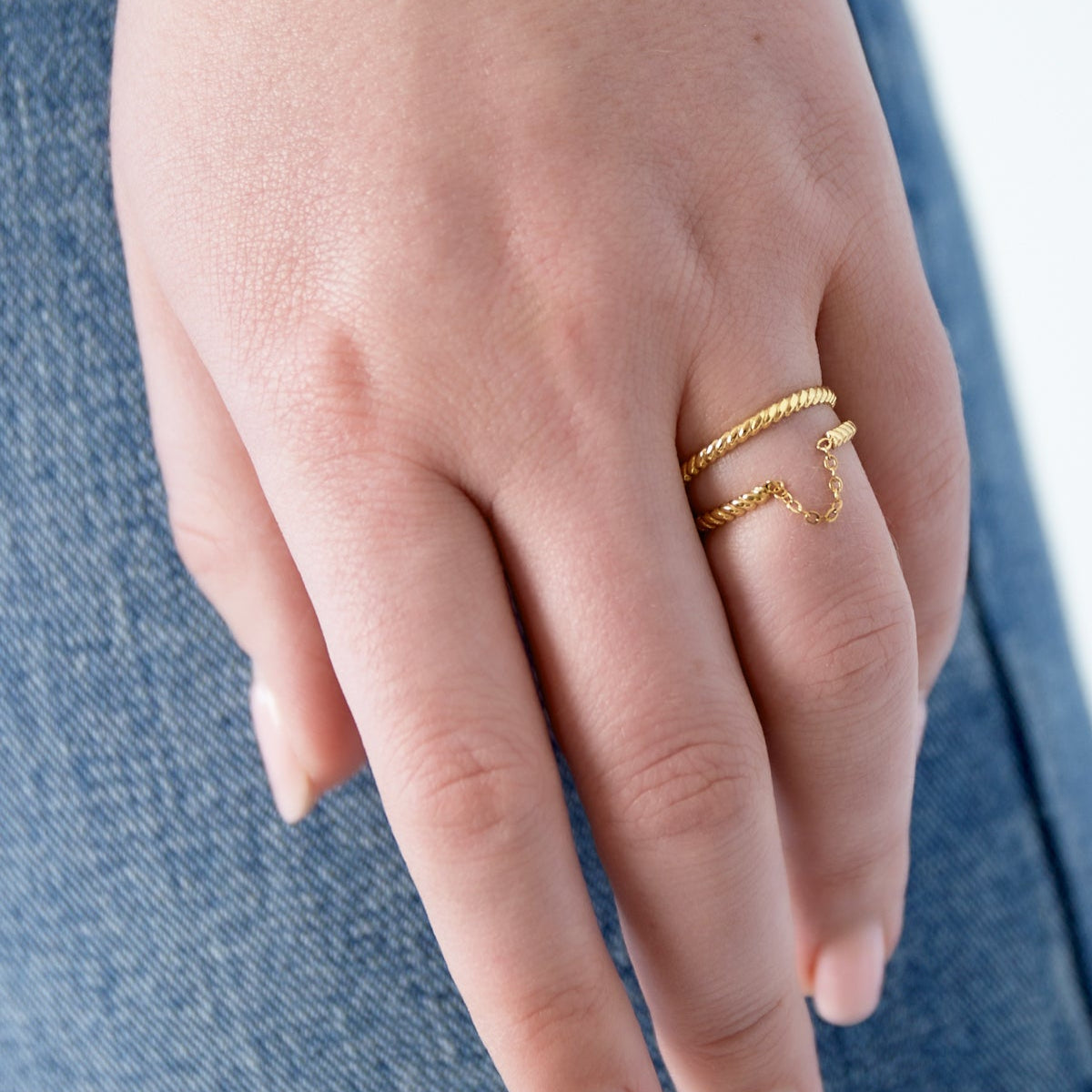 Dubbel silverring i kirurgiskt stål med kedja - Ring med justerbar storlek