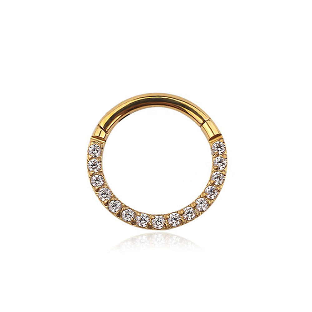 Clicker med vita kristaller - Smal ring till piercing i PVD guldpläterat titan