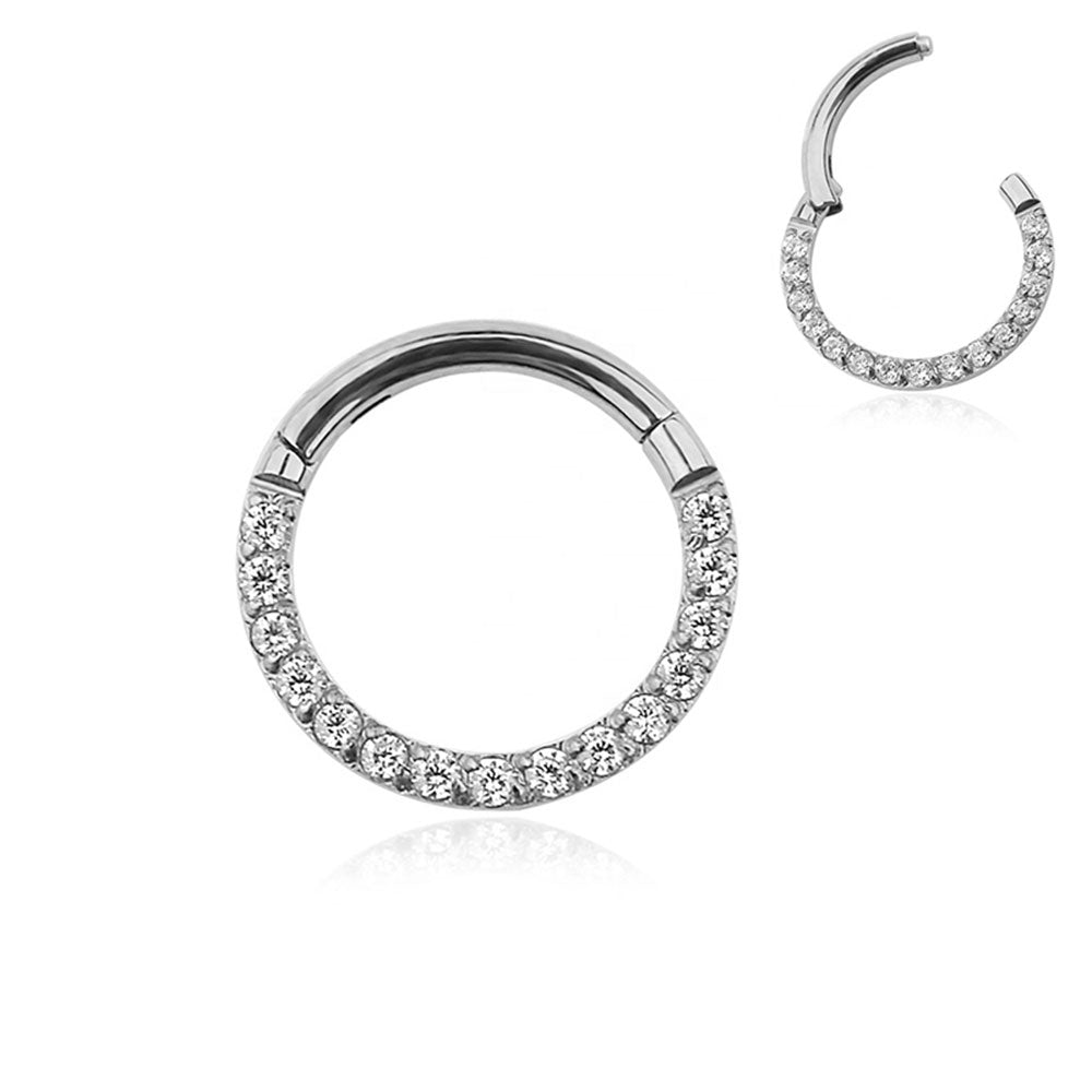 Clicker med vita kristaller - Smal ring till piercing i nickelfritt titan